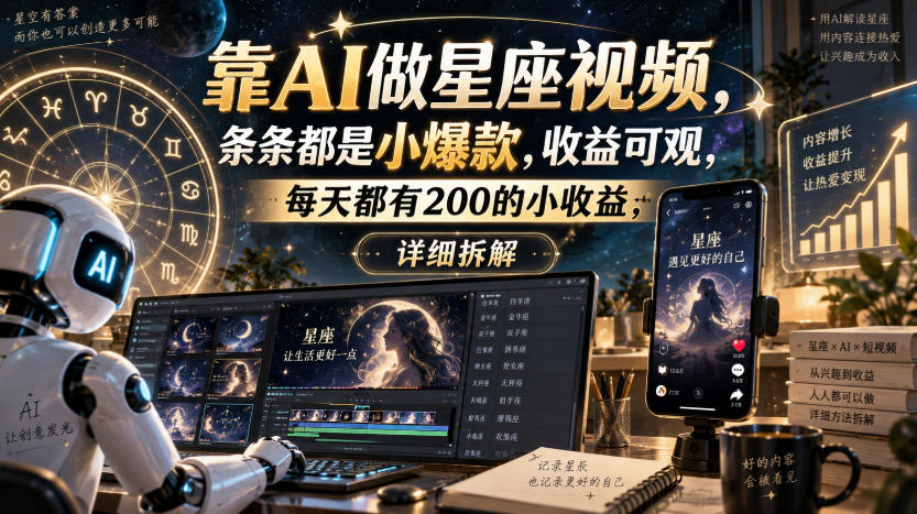 靠AI做星座视频，条条都是小爆款，收益可观，每天都有200的小收益，详细拆解-造梦栈