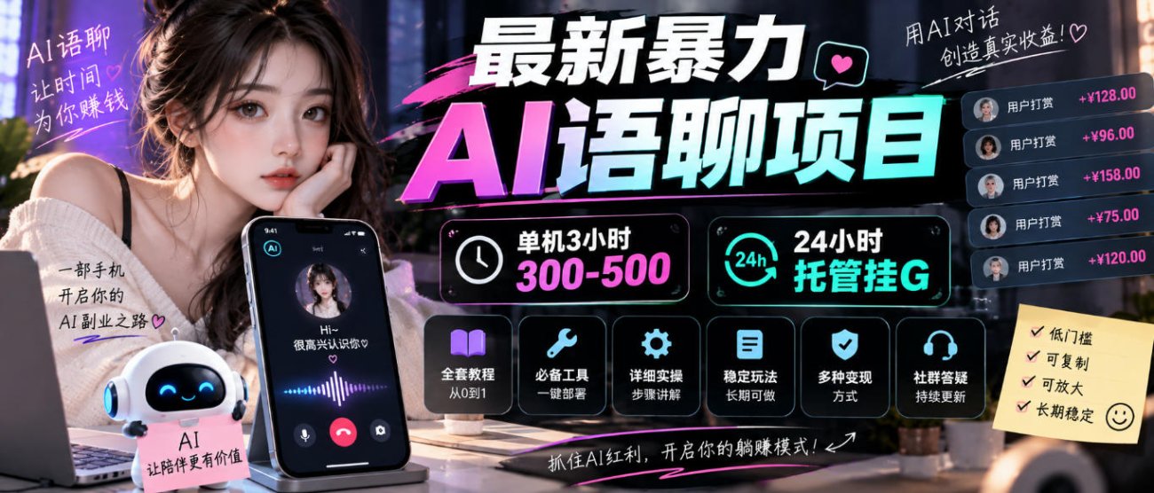最新暴力AI语聊项目，单机3小时300-500，24小时托管挂G，附全套教程及工具【揭秘】-造梦栈