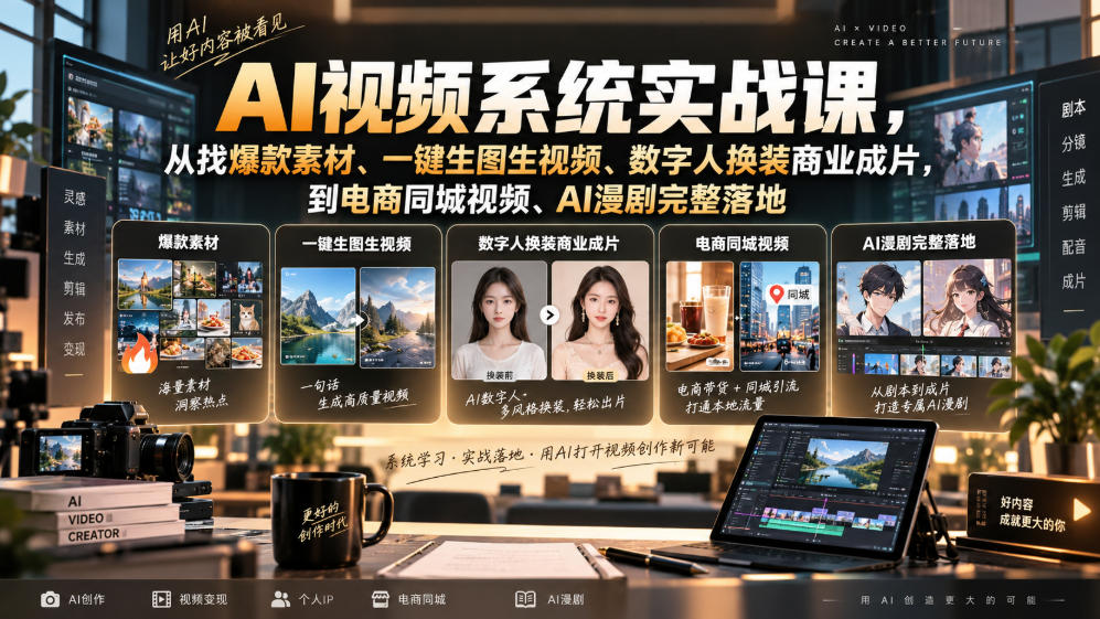 AI视频系统实战课，从找爆款素材、一键生图生视频、数字人换装商业成片，到电商同城视频、AI漫剧完整落地-造梦栈