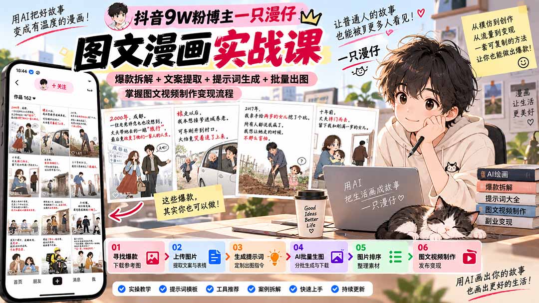 抖音9W粉博主一只漫仔图文漫画课：爆款拆解+文案提取+提示词生成+批量出图，掌握图文视频制作变现流程-造梦栈