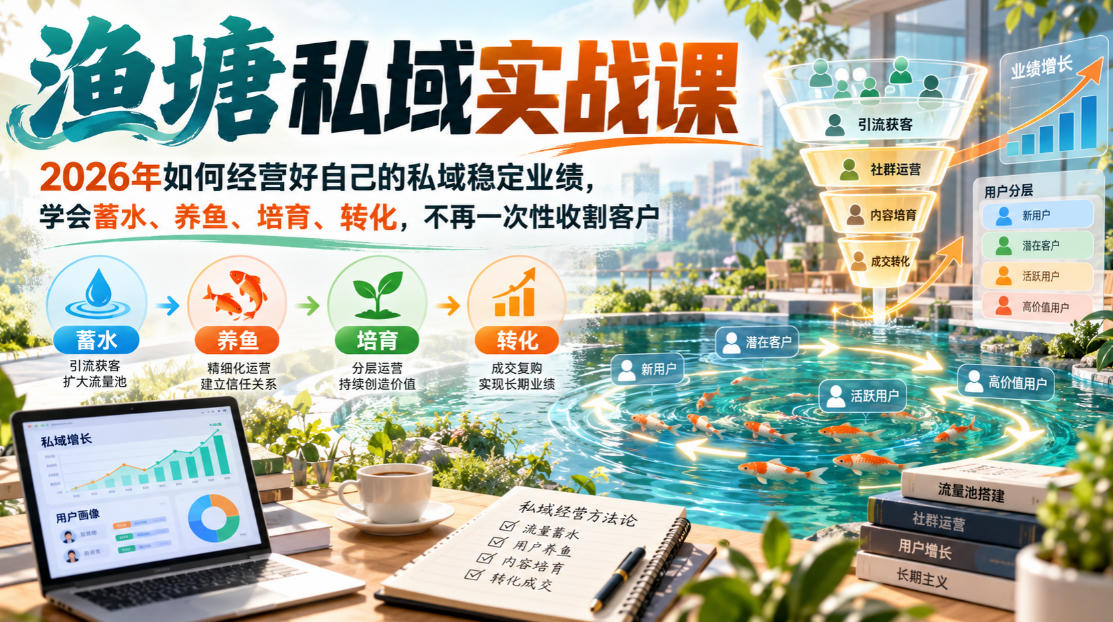 渔塘私域实战课，2026年如何经营好自己的私域稳定业绩，学会蓄水、养鱼、培育、转化，不再一次性收割客户-造梦栈