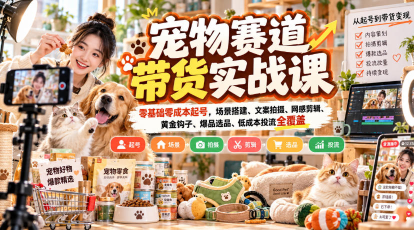 宠物赛道带货实战课，零基础零成本起号，场景搭建、文案拍摄、网感剪辑、黄金钩子、爆品选品、低成本投流全覆盖-造梦栈