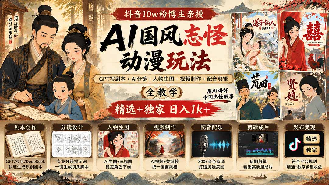 抖音10w粉博主亲授AI国风志怪动漫玩法｜GPT写剧本+AI分镜+人物生图+视频制作+配音剪辑全教学｜精选+独家日入1k+-造梦栈