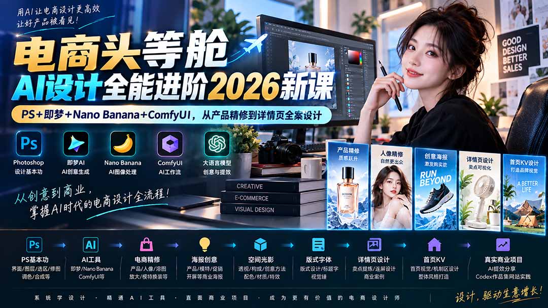 电商头等舱AI设计全能进阶2026新课：PS+即梦+Nano Banana+ComfyUI，从产品精修到详情页全案设计-造梦栈