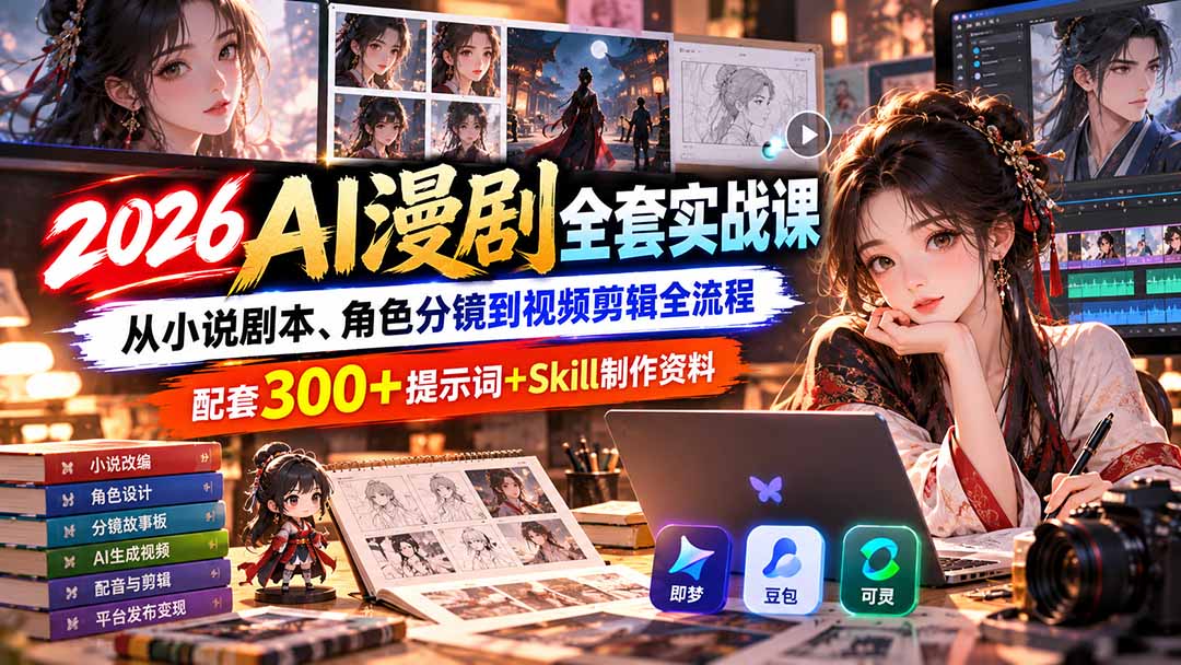 【无水印】2026AI漫剧全套实战课：从小说剧本、角色分镜到视频剪辑全流程，配套300+提示词+Skill制作资料-造梦栈