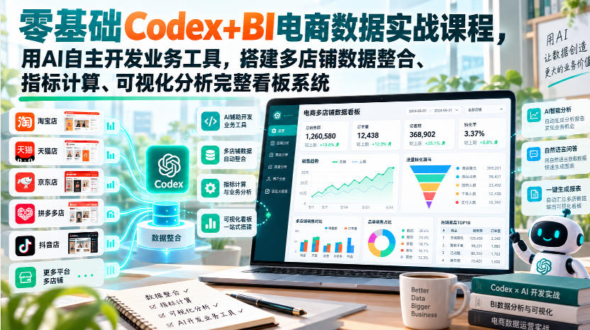 零基础Codex+BI电商数据实战课程，用AI自主开发业务工具，搭建多店铺数据整合、指标计算、可视化分析完整看板系统-造梦栈