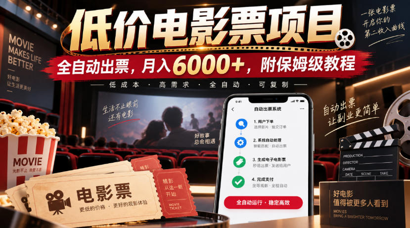 低价电影票项目，全自动出票，月入6000+，附保姆级教程【揭秘】-造梦栈