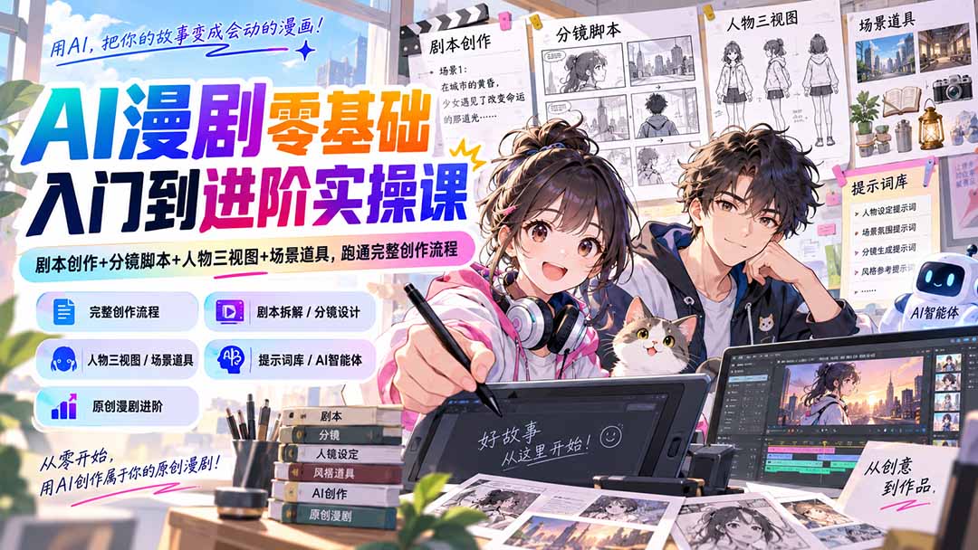 AI漫剧零基础入门到进阶实操课：剧本创作+分镜脚本+人物三视图+场景道具，跑通完整创作流程-造梦栈
