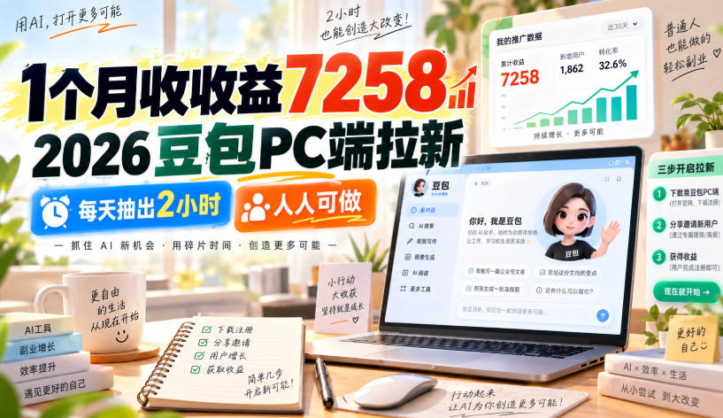 1个月收收益7258，2026豆包PC端拉新，每天抽出2小时，人人可做-造梦栈
