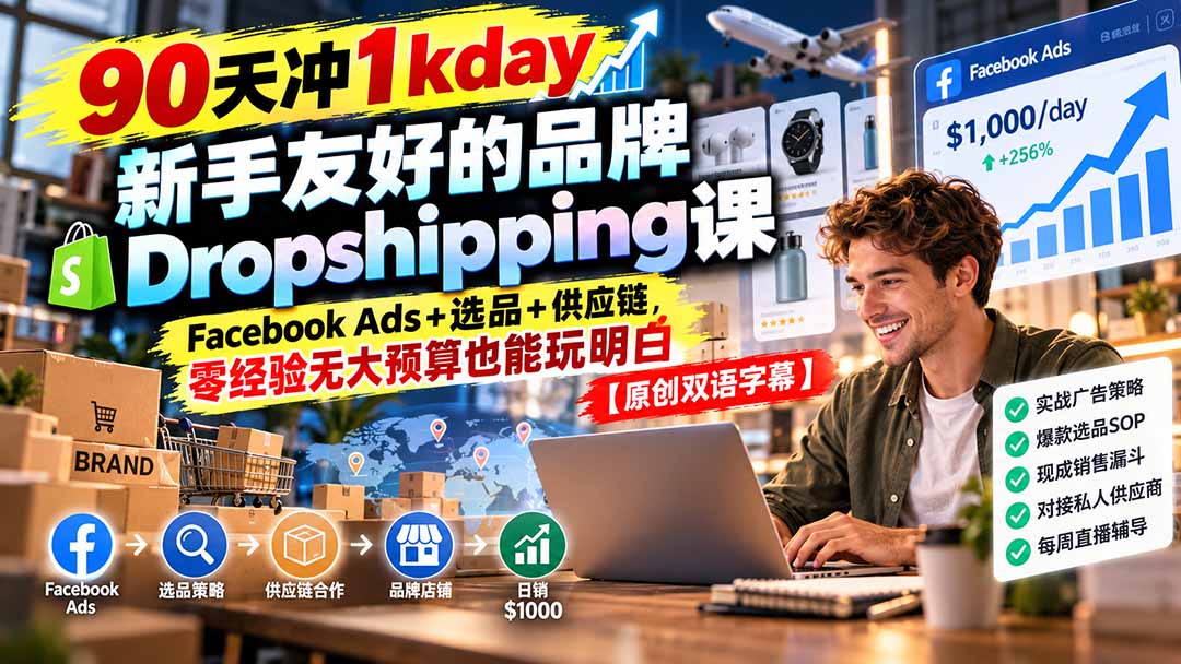 90天冲1kday 新手友好的品牌Dropshipping课：Facebook Ads+选品+供应链，零经验无大预算也能玩明白【原创双语字幕】-造梦栈