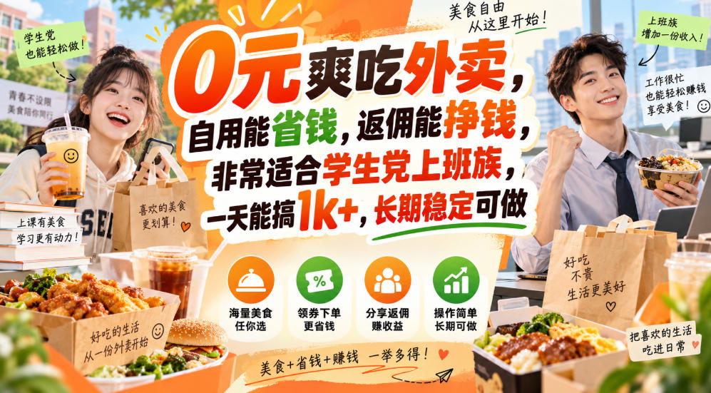 0元爽吃外卖，自用能省钱，返佣能挣钱，非常适合学生党上班族，一天能搞1k+，长期稳定可做-造梦栈