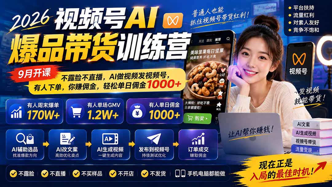2026视频号AI爆品带货训练营-9月开课｜不露脸不直播，AI做视频发视频号，有人下单，你赚佣金，轻松单日佣金1000+-造梦栈