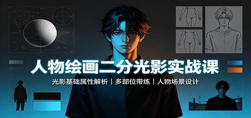 人物绘画二分光影实战课：光影基础属性解析，多部位带练，人物场景设计-造梦栈