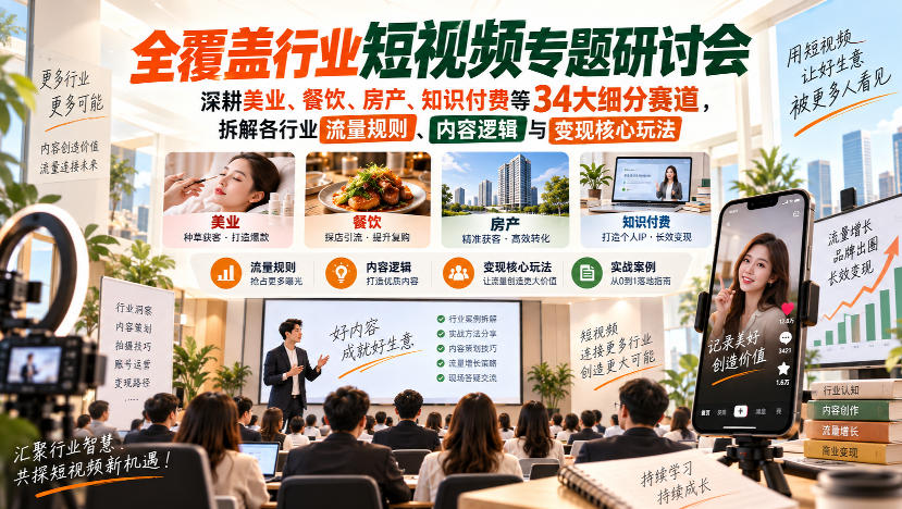 短视频专题研讨会，深耕美业、餐饮、房产、知识付费等34大细分赛道，拆解各行业流量规则、内容逻辑与变现核心玩法-造梦栈