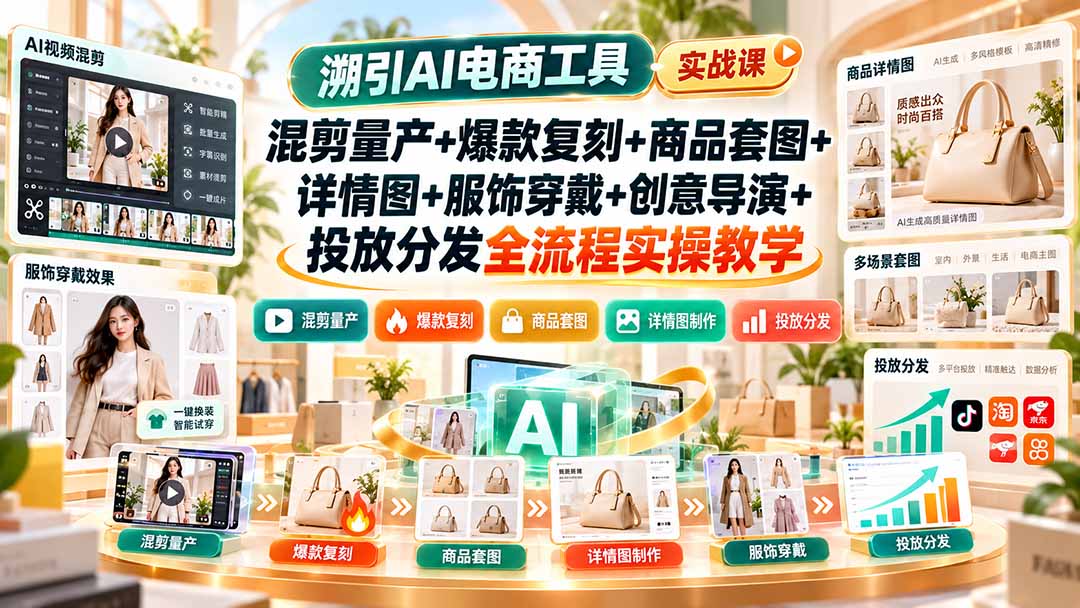 溯引AI电商工具实战课：混剪量产+爆款复刻+商品套图+详情图+服饰穿戴+创意导演+投放分发全流程实操教学-造梦栈