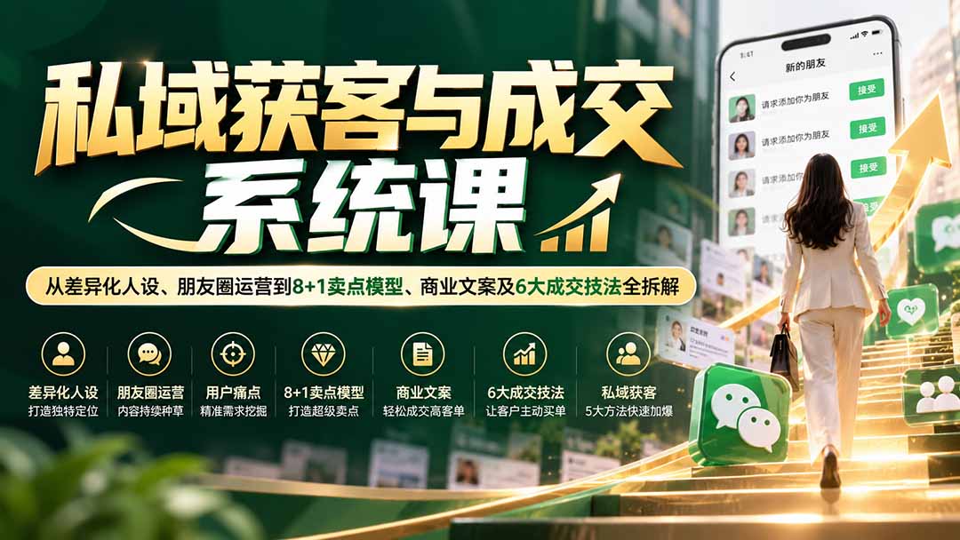 私域获客与成交系统课：从差异化人设、朋友圈运营到8+1卖点模型、商业文案及6大成交技法全拆解-造梦栈