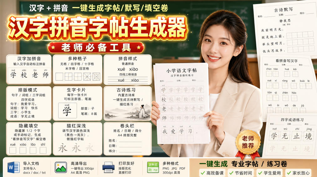 学习神器，汉字拼音字帖生成器，汉字+拼音 一键生成字帖/默写/填空卷，支持词组、成语，老师、家长必备-造梦栈