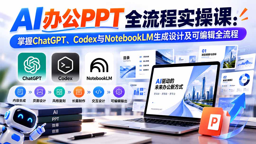 【无水印】AI办公PPT全流程实操课： 掌握ChatGPT、Codex与NotebookLM生成设计及可编辑全流程-造梦栈