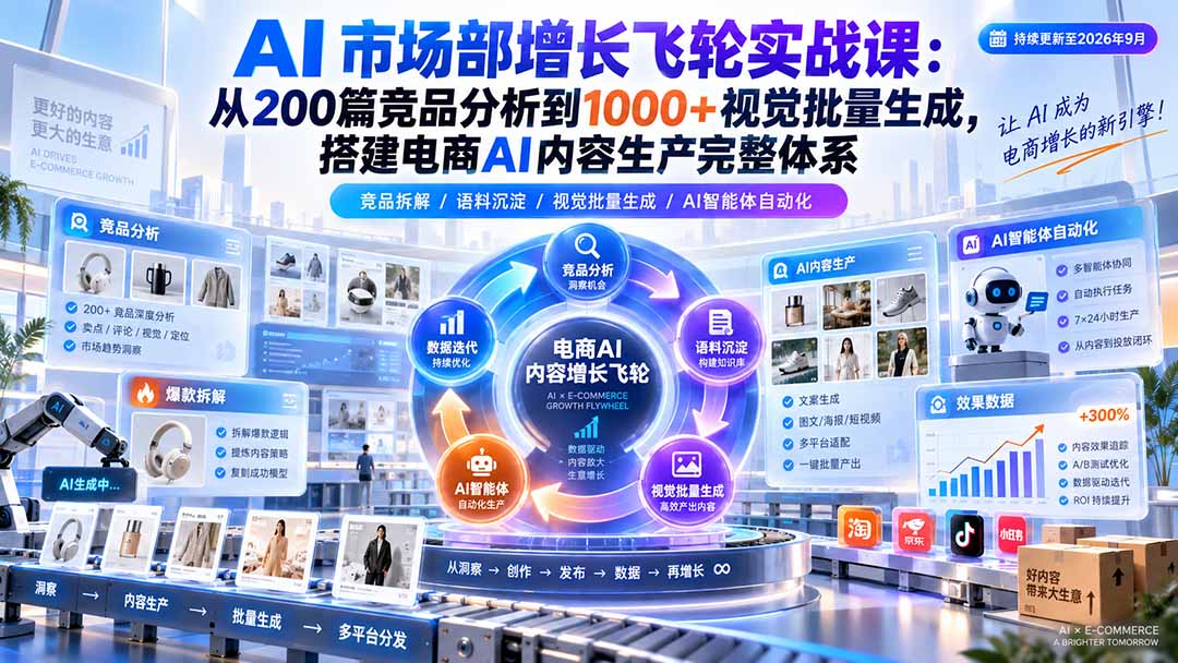 AI 市场部增长飞轮实战课：从200篇竞品分析到1000+视觉批量生成，搭建电商AI内容生产完整体系-造梦栈