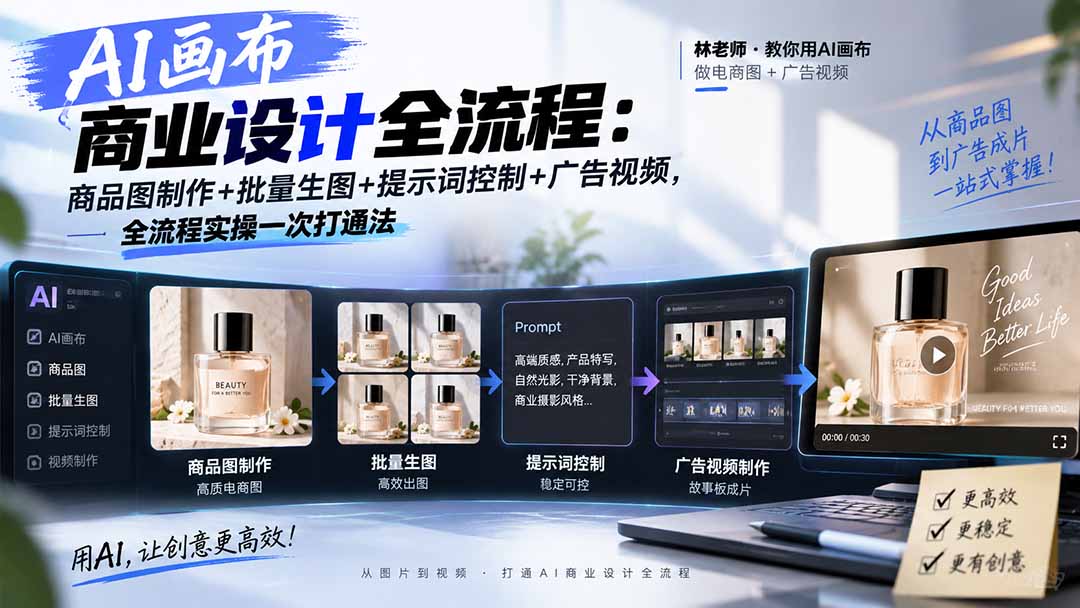 AI画布商业设计全流程：商品图制作+批量生图+提示词控制+广告视频，全流程实操一次打通法-造梦栈