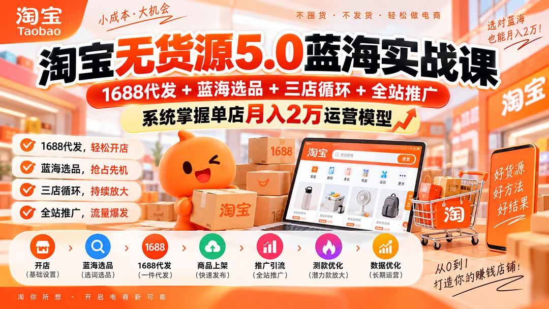 淘宝无货源5.0蓝海实战课-更新：1688代发+蓝海选品+三店循环+全站推广，系统掌握单店月入2万运营模型-造梦栈