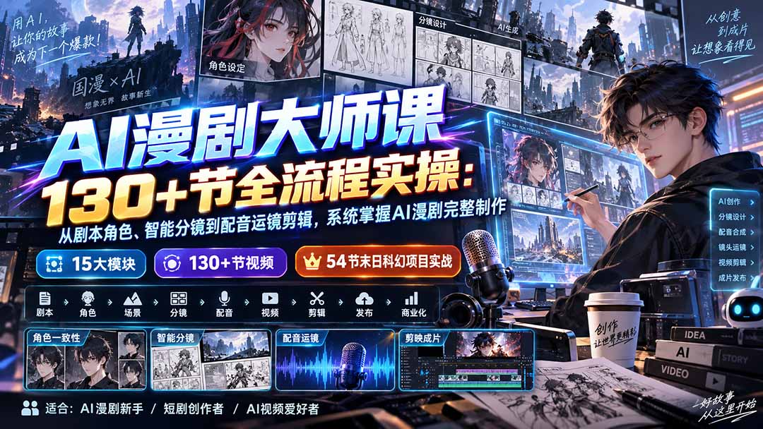 AI漫剧大师课130+节全流程实操：从剧本角色、智能分镜到配音运镜剪辑，系统掌握AI漫剧完整制作-造梦栈