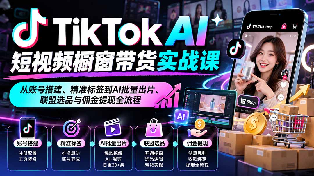 TikTok AI短视频橱窗带货实战课：从账号搭建、精准标签到AI批量出片、联盟选品与佣金提现全流程-造梦栈