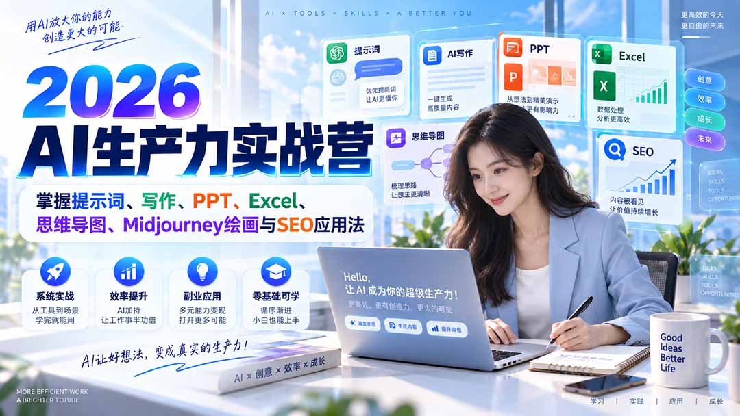 2026AI生产力实战营：掌握提示词、写作、PPT、Excel、思维导图、Midjourney绘画与SEO应用法-造梦栈