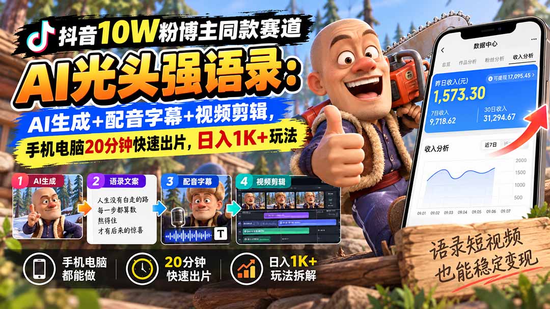 【无水印】抖音10W粉博主同款赛道AI光头强语录：AI生成+配音字幕+视频剪辑，手机电脑20分钟快速出片，日入1K+玩法-造梦栈