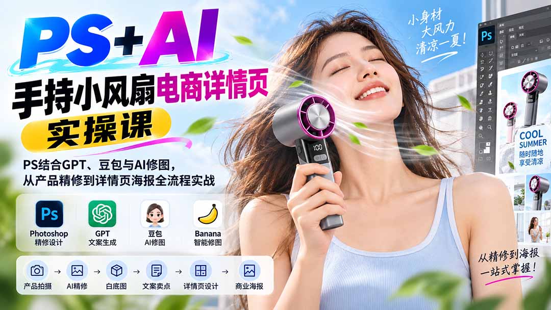 PS+AI手持小风扇电商详情页实操课：PS结合GPT、豆包与AI修图，从产品精修到详情页海报全流程实战-造梦栈