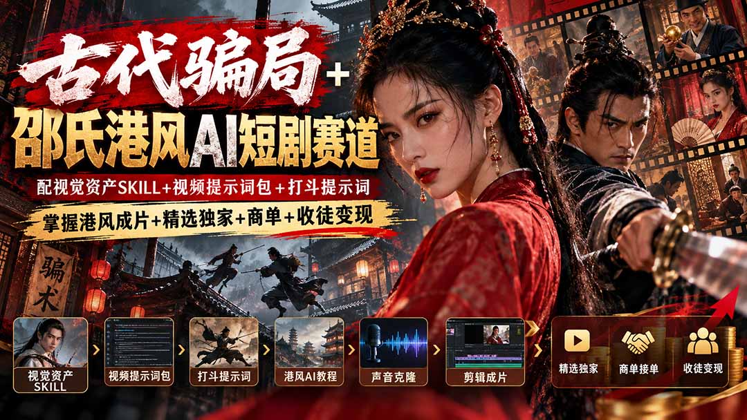 古代骗局+邵氏港风AI短剧赛道：配视觉资产SKILL+视频提示词包+打斗提示词，掌握港风成片+精选独家+商单+收徒变现-造梦栈