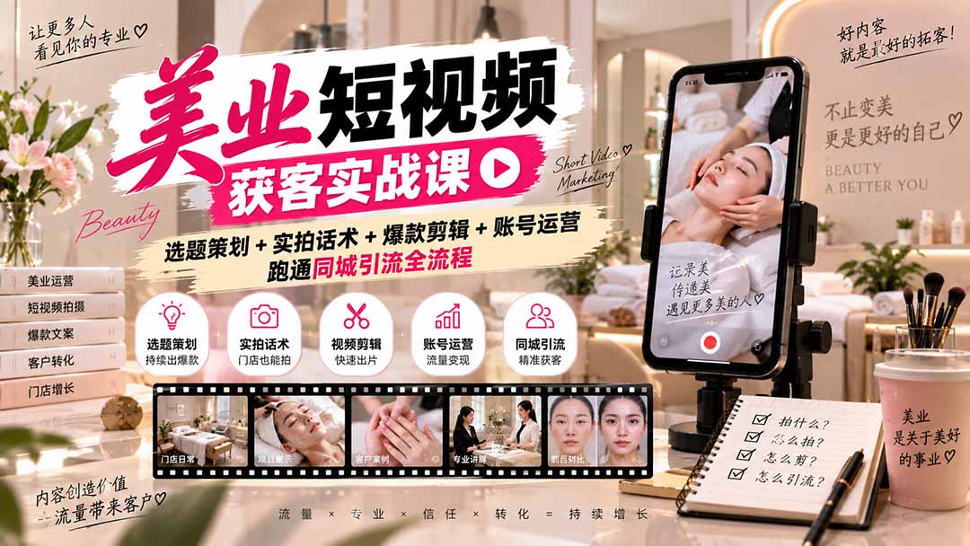 美业短视频获客实战课-无水印：选题策划+实拍话术+爆款剪辑+账号运营，跑通同城引流全流程-造梦栈