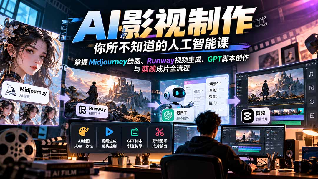 【无水印】AI影视制作-你所不知道的人工智能课，掌握Midjourney绘图、Runway视频生成、GPT脚本创作与剪映成片全流程-造梦栈