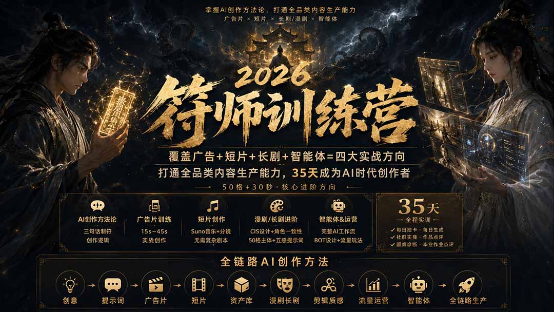 符师训练营-35天成为AI时代创作者，广告+短片+漫剧+智能体四大实战方向，掌握从创意到上线的完整工作流-造梦栈