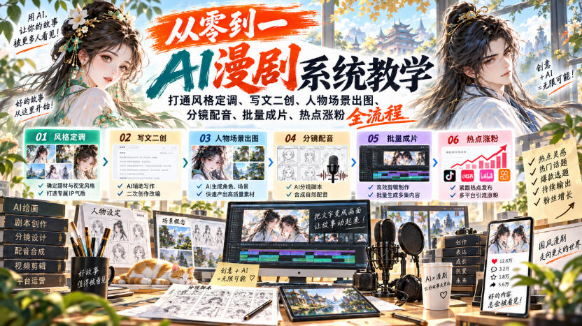 从零到一AI漫剧系统教学，打通风格定调、写文二创、人物场景出图、分镜配音、批量成片、热点涨粉全流程-造梦栈