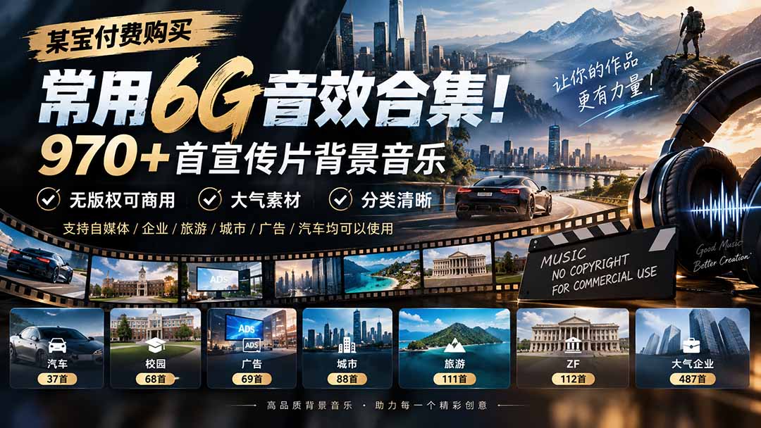 某宝付费购买，常用6G音效合集！970+首宣传片背景音乐，无版权可商用大气素材，分类清晰-造梦栈