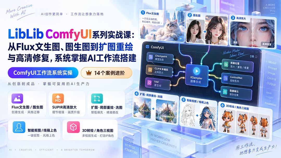 LibLib ComfyUI系列实战课：从Flux文生图、图生图到扩图重绘与高清修复，系统掌握AI工作流搭建-造梦栈