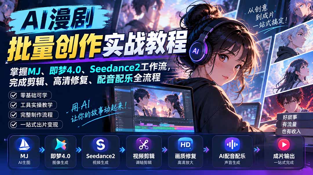 AI漫剧批量创作实战教程：掌握MJ、即梦4.0、Seedance2工作流，完成剪辑、高清修复、配音配乐全流程-造梦栈