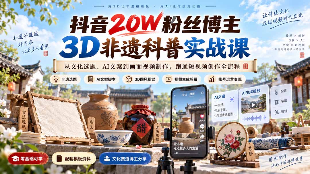 抖音20W粉丝博主3D非遗科普实战课：从文化选题、AI文案到画面视频制作，跑通短视频创作全流程-造梦栈