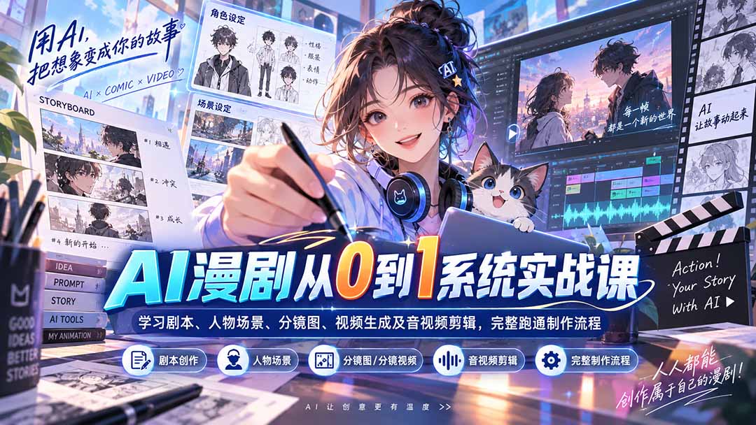 AI漫剧从0到1系统实战课：学习剧本、人物场景、分镜图、视频生成及音视频剪辑，完整跑通制作流程-造梦栈