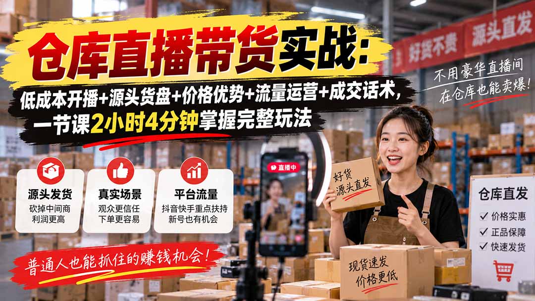 仓库直播带货实战：低成本开播+源头货盘+价格优势+流量运营+成交话术，一节课2小时4分钟掌握完整玩法-造梦栈