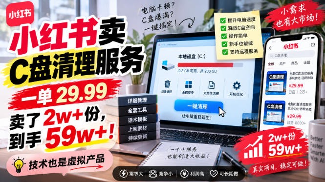 小红书卖C盘清理服务，一单29.99，卖了2w+份，技术也是虚拟产品-造梦栈