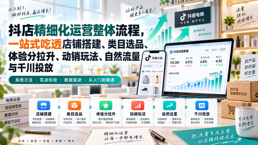 李哥电商-抖店精细化运营整体流程，一站式吃透店铺搭建、类目选品、体验分拉升、动销玩法、自然流量与千川投放-造梦栈
