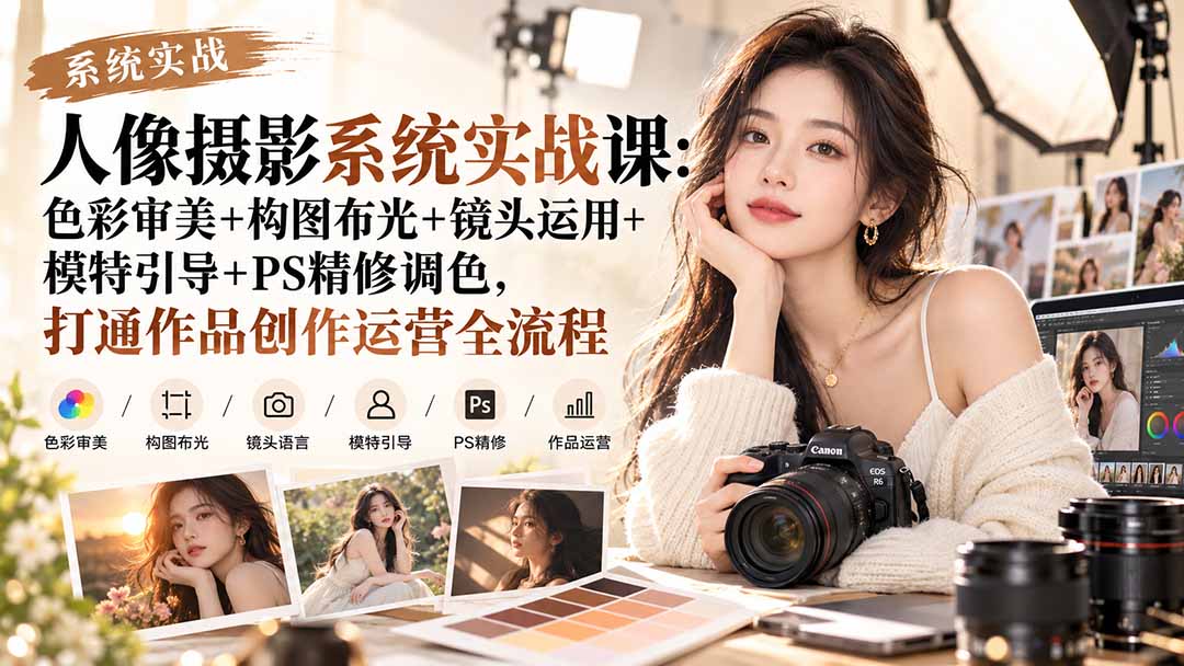 【无水印】人像摄影系统实战课：色彩审美+构图布光+镜头运用+模特引导+PS精修调色，打通作品创作运营全流程-造梦栈