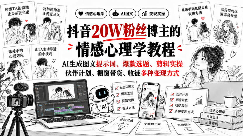 抖音20W粉丝博主静候心声的情感心理学教程，AI生成图文提示词、爆款选题、剪辑实操，伙伴计划、橱窗带货、收徒多种变现方式-造梦栈