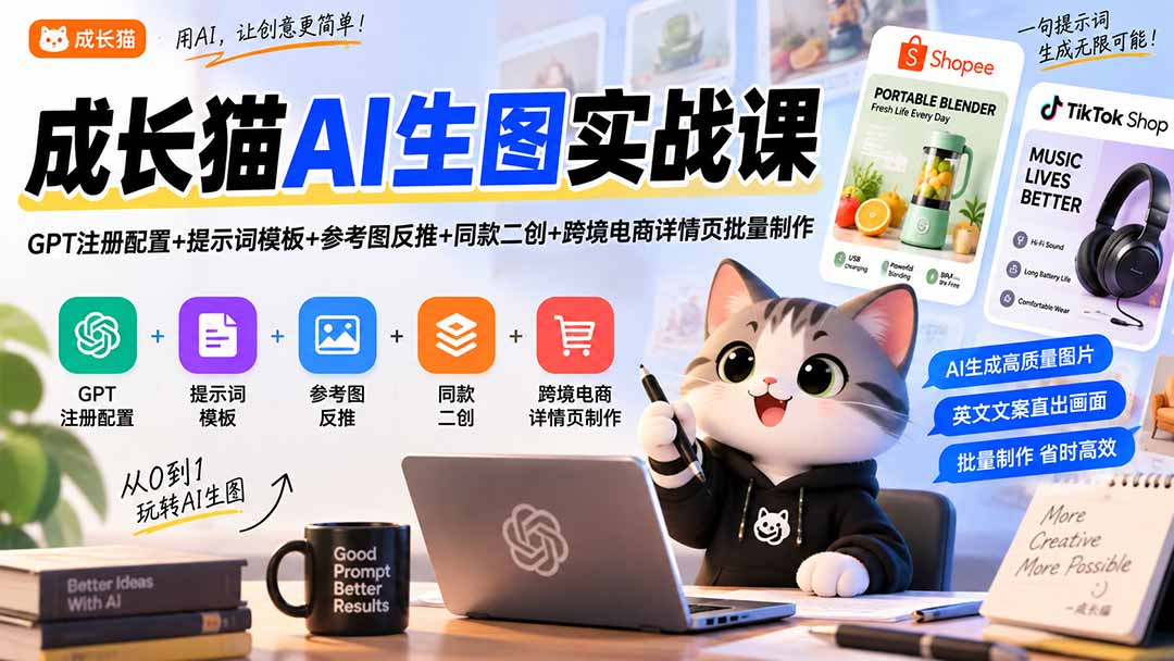 成长猫AI生图实战课｜GPT注册配置+提示词模板+参考图反推+同款二创+跨境电商详情页批量制作-造梦栈
