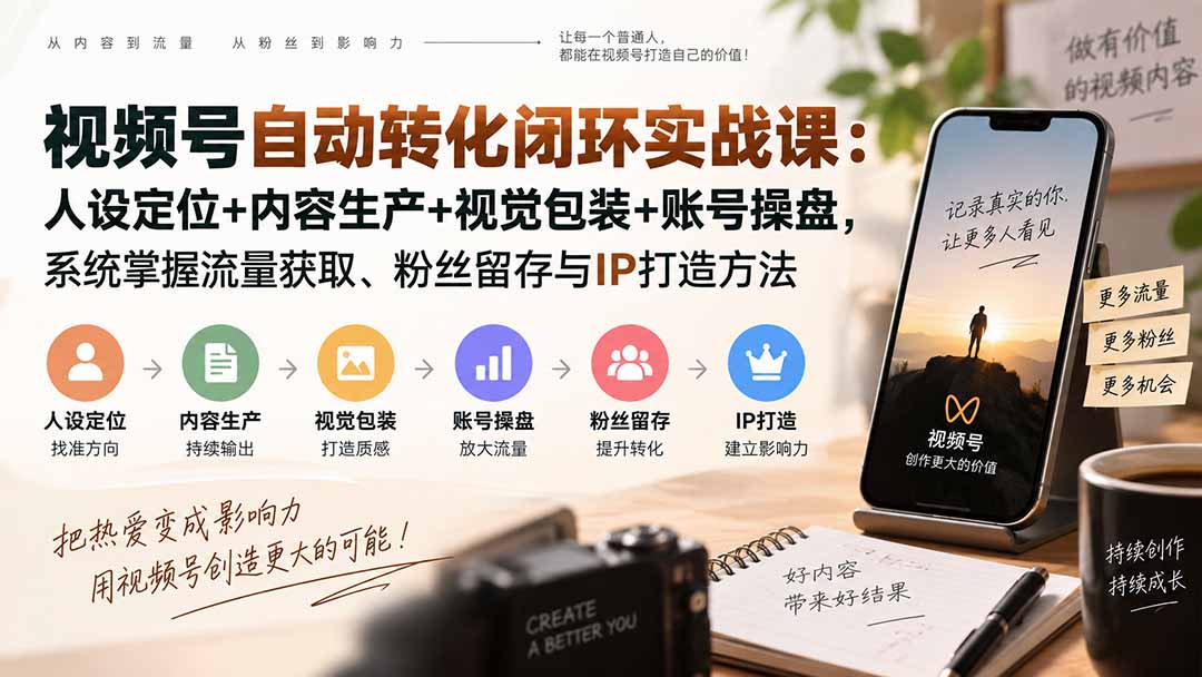 视频号自动转化闭环实战课：人设定位+内容生产+视觉包装+账号操盘，系统掌握流量获取、粉丝留存与IP打造方法-造梦栈