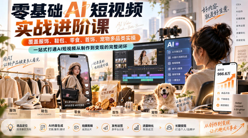 零基础AI短视频实战进阶课，覆盖服饰、鞋包、零食、首饰、宠物多品类实操，一站式打通AI短视频从制作到变现的完整闭环-造梦栈