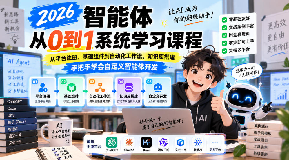 2026智能体从0到1系统学习课程，从平台注册、基础组件到自动化工作流、知识库搭建，手把手学会自定义智能体开发-造梦栈