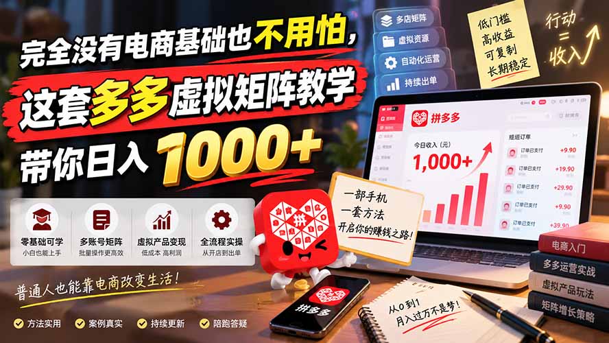 完全没有电商基础也不用怕，这套多多虚拟矩阵教学带你日入 1000+-造梦栈